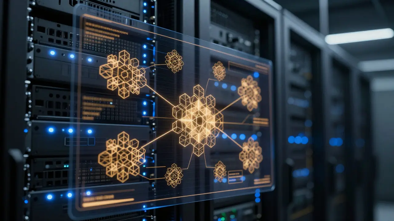 Server room with holographic display showing prioritized transaction clusters