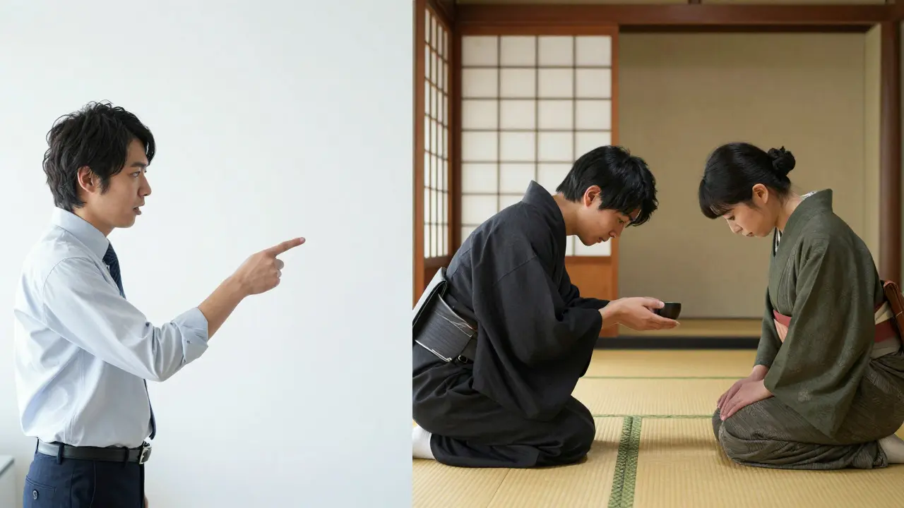 Split screen contrasting direct Western office communication with indirect Japanese tea ceremony etiquette.