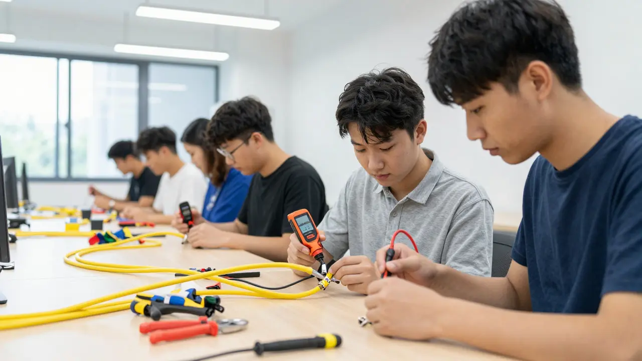 Students practicing electrical connector termination in a workshop