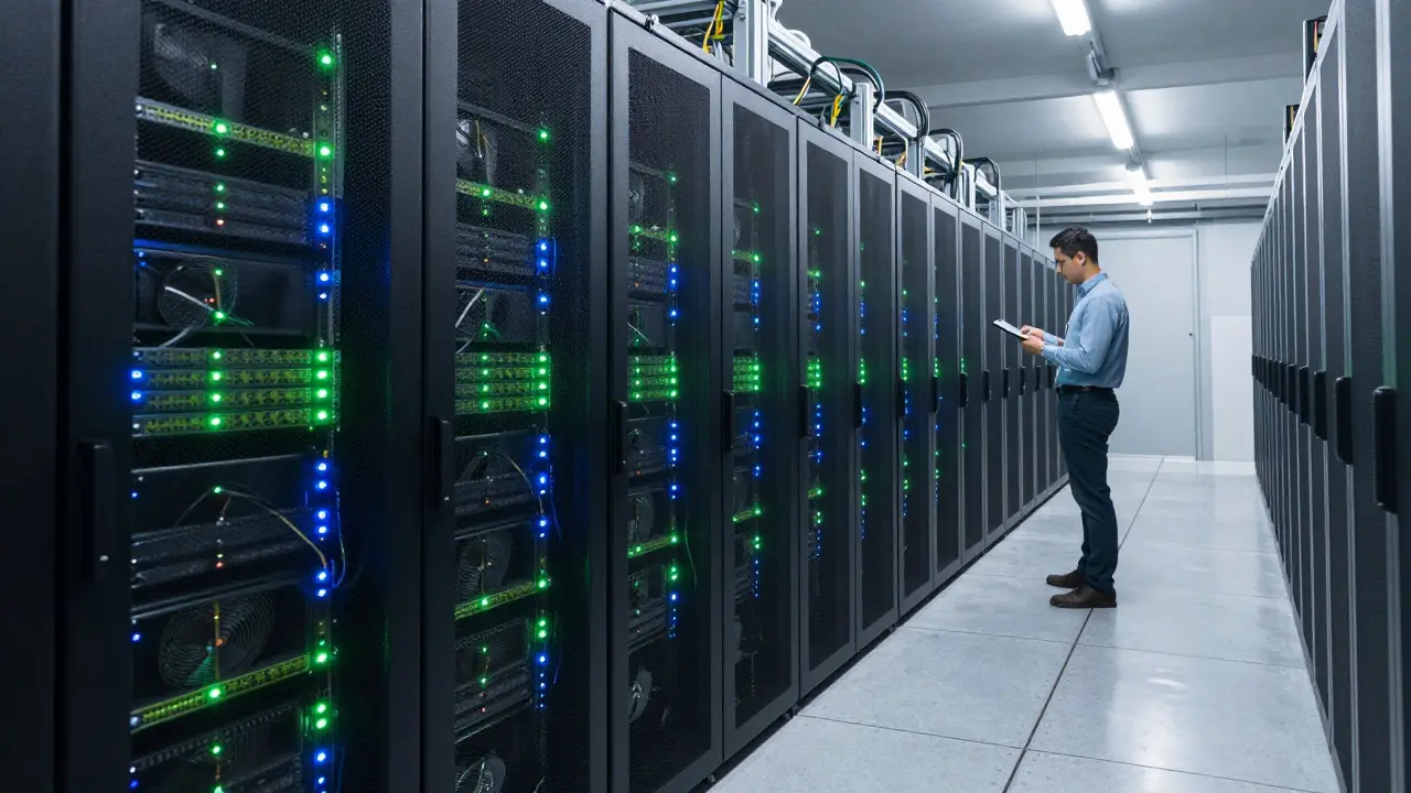 Technician inspecting server racks in a modern data center aisle