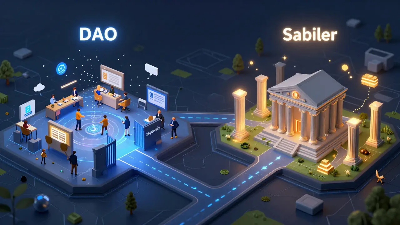 Two diverging paths on a blockchain map representing different payment protocol choices