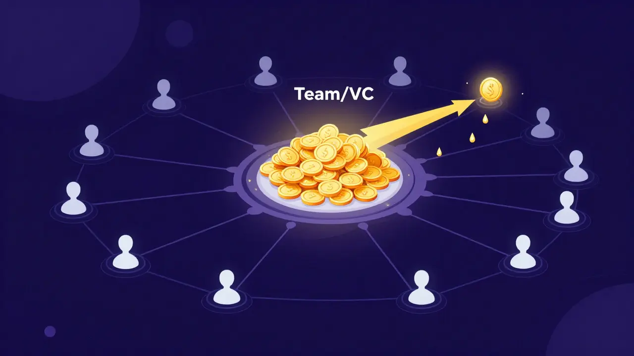 Vector diagram showing token concentration in central nodes versus scattered community holdings