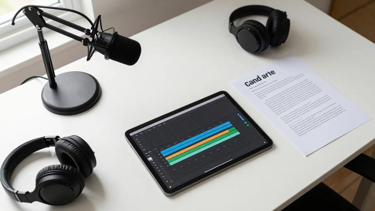 Workspace with microphone, tablet, and formatted transcript document