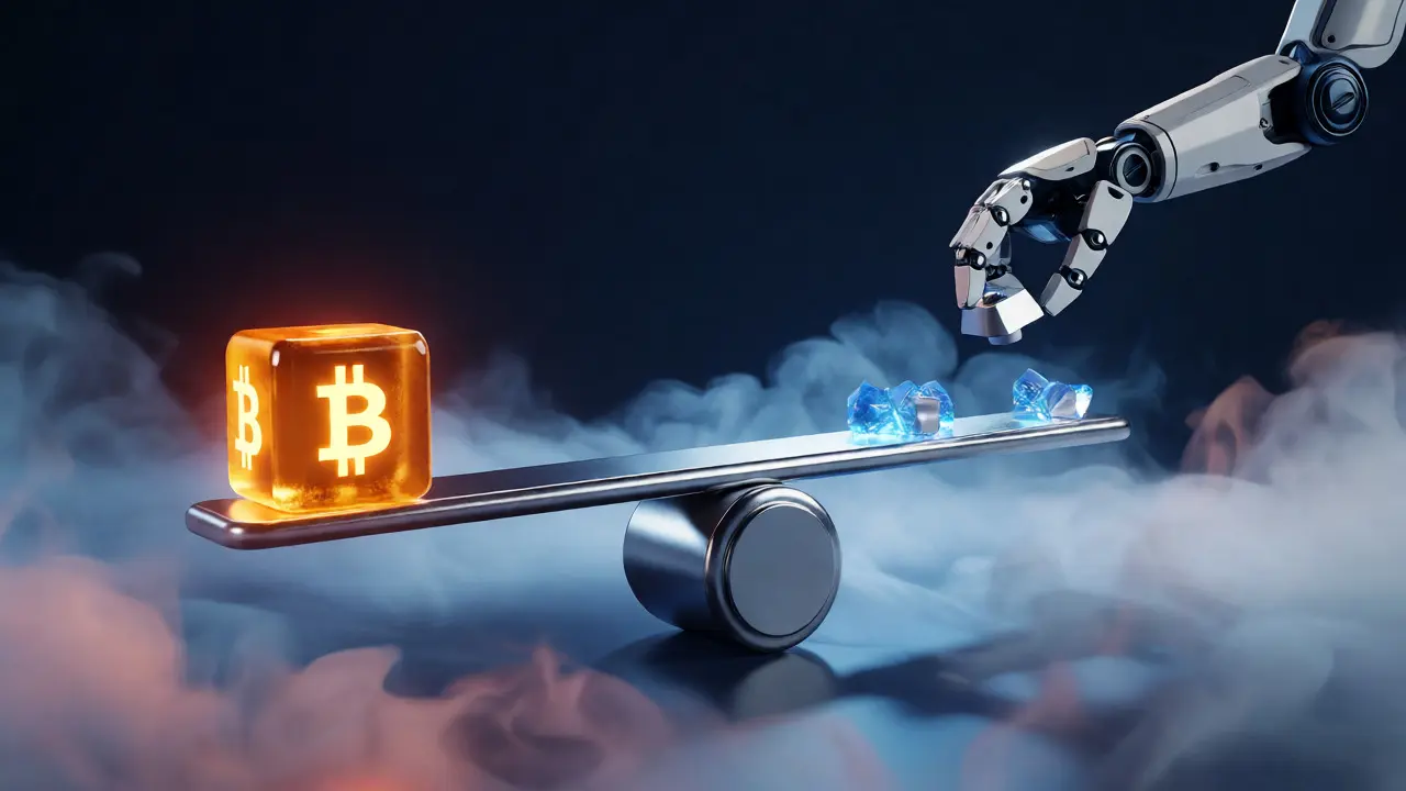 3D render of a balanced scale with gold and crystal weights.