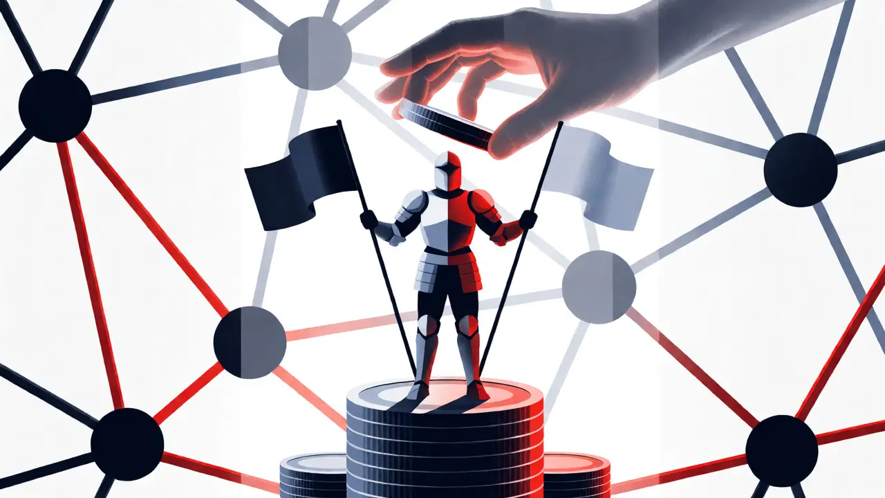 A knight validator having coins slashed by a spectral hand amidst a network web.