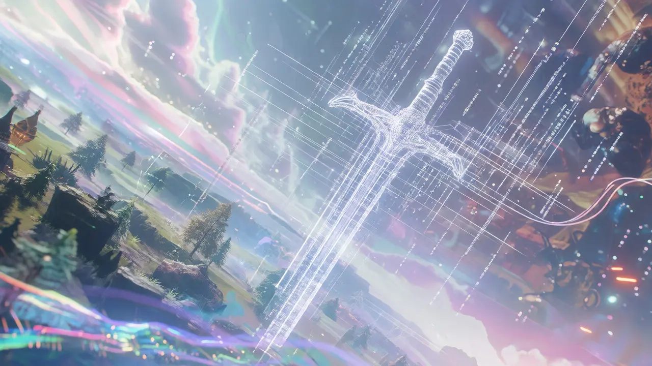 Abstract digital sword bridging two different game worlds via glowing code