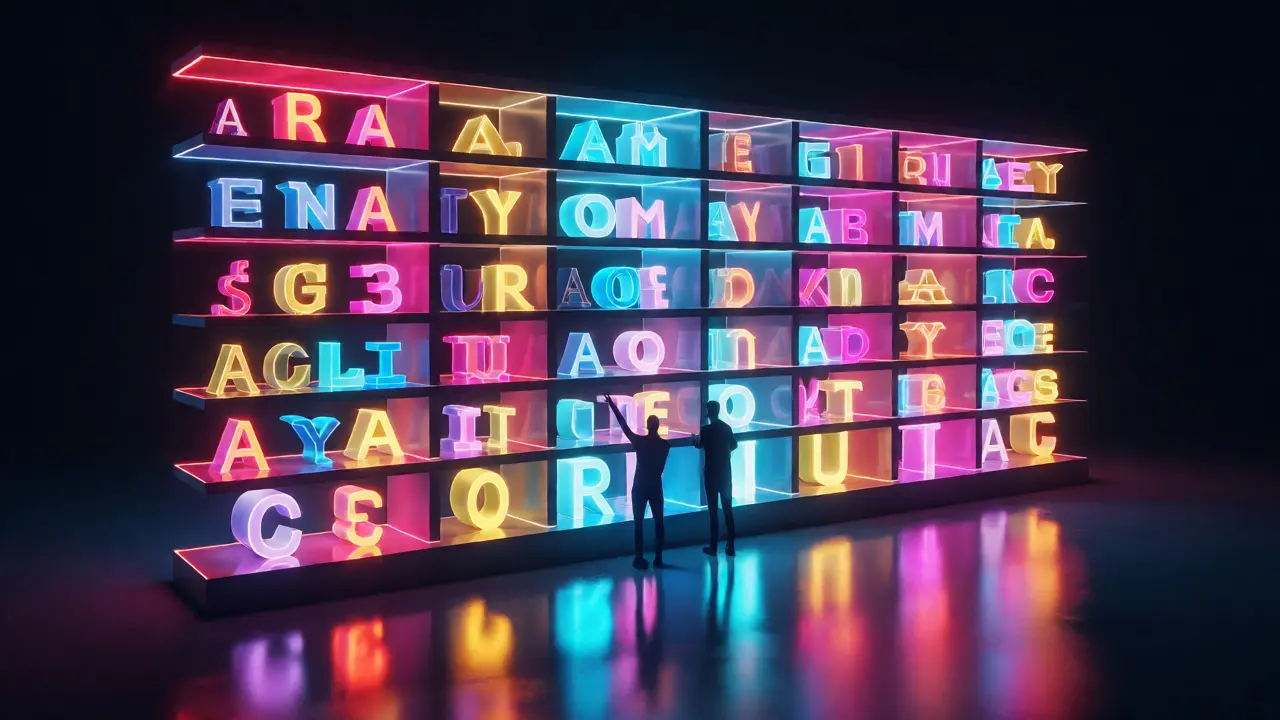 Abstract glowing shelves holding 3D letters representing a curated personal type library.