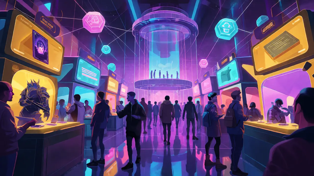 Avatars trading NFTs in a futuristic virtual marketplace with blockchain connections