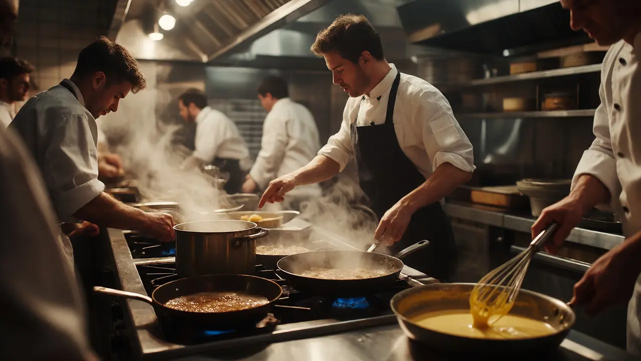 Busy restaurant kitchen during dinner service with chefs cooking and plating food