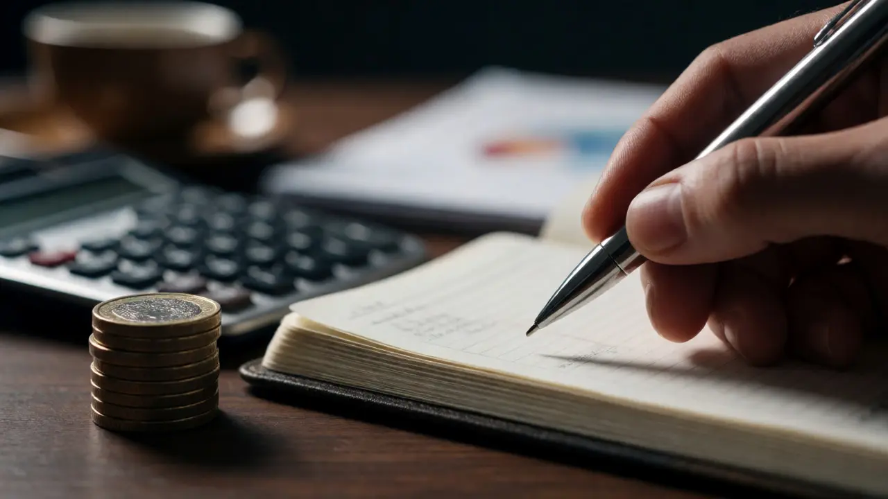 Close-up of a hand calculating training costs and benefits with coins and notes on a desk