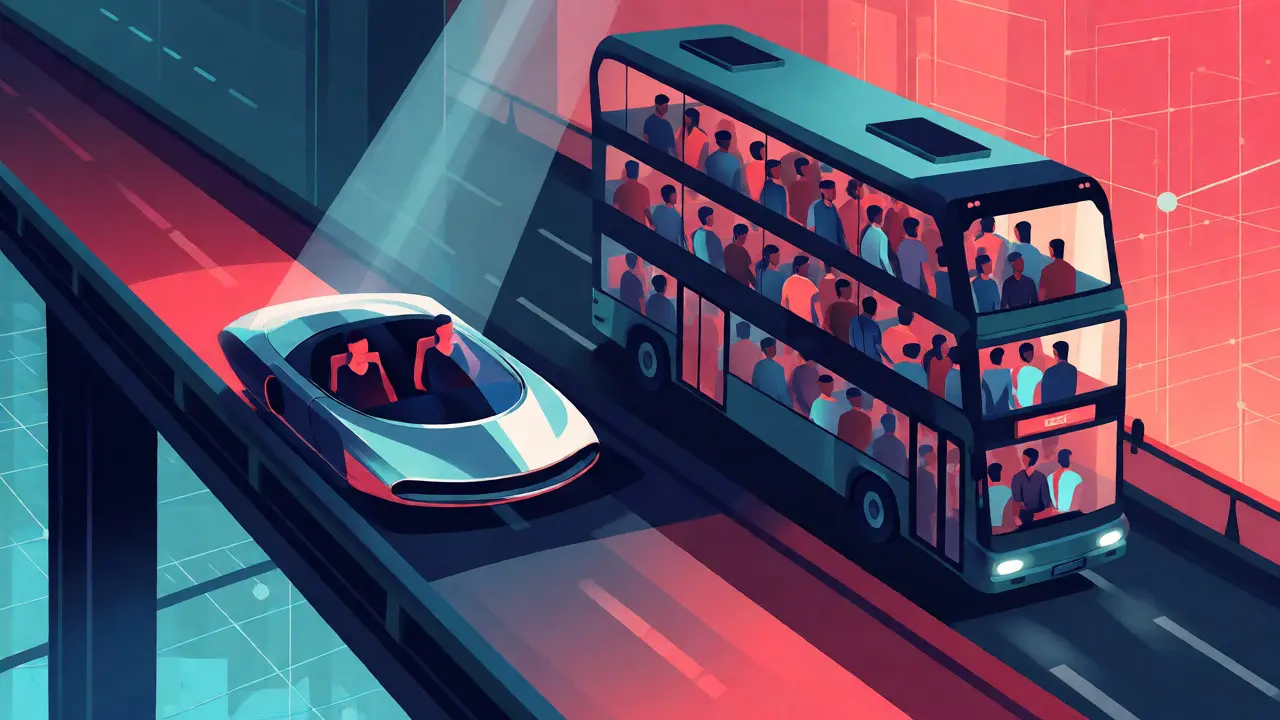 Comparison of a private hover-car for state channels versus a crowded bus for rollups.