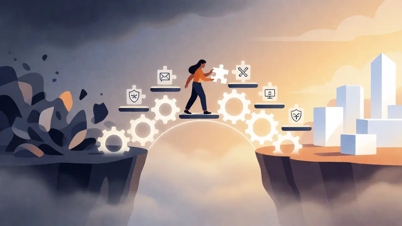 Conceptual art of an employee building a bridge from chaos to order using skills and resilience.