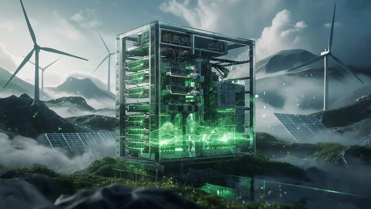 Conceptual blend of server racks and renewable energy sources like wind and solar