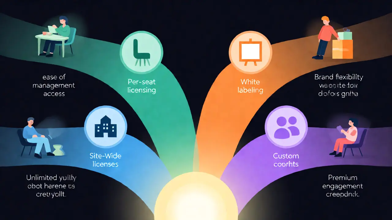 Conceptual diagram illustrating four B2B course monetization models with icons.