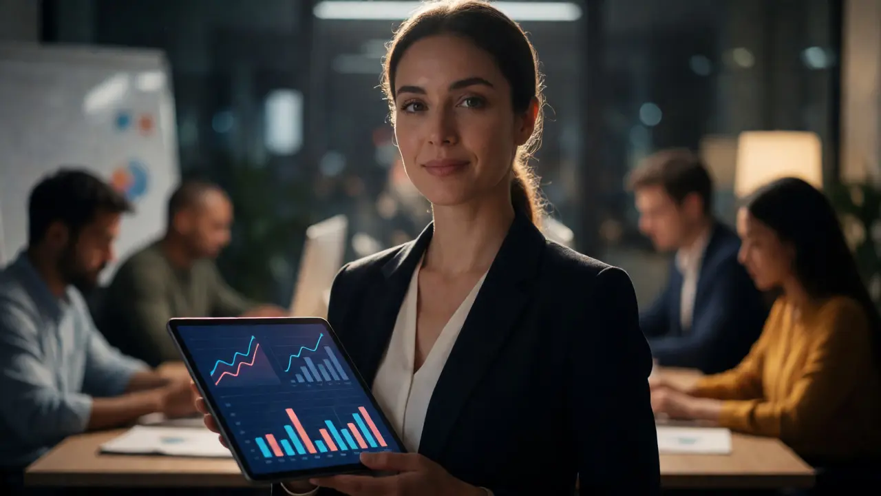 Confident entrepreneur holding a tablet with data charts in a busy office environment.