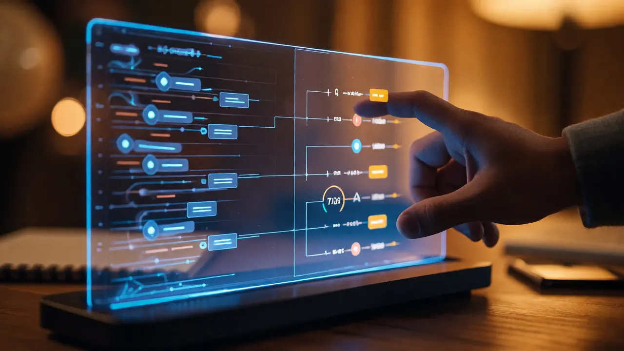 Developer interacting with holographic display showing L2 transaction settlement flows.