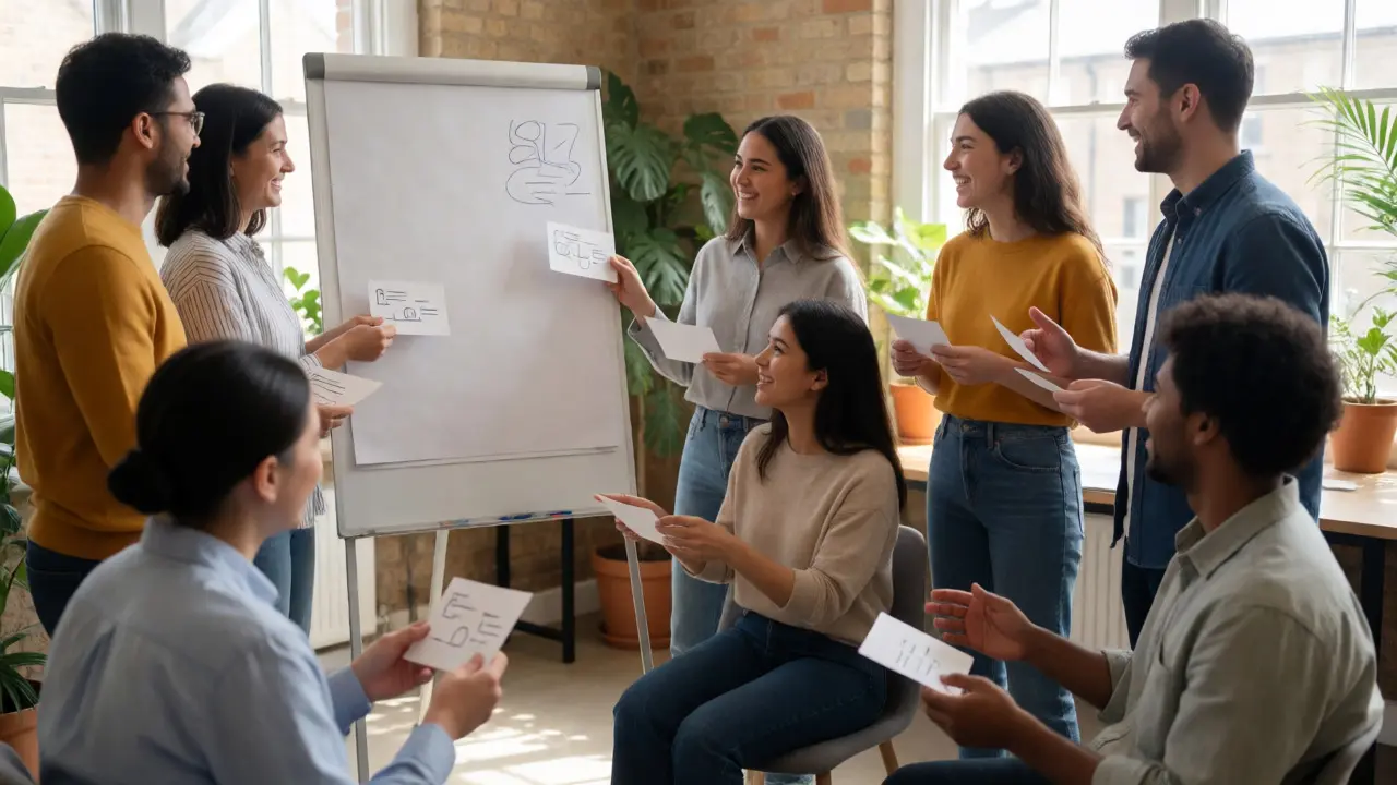 Diverse team actively collaborating in a bright workshop, modeling adaptive change management.
