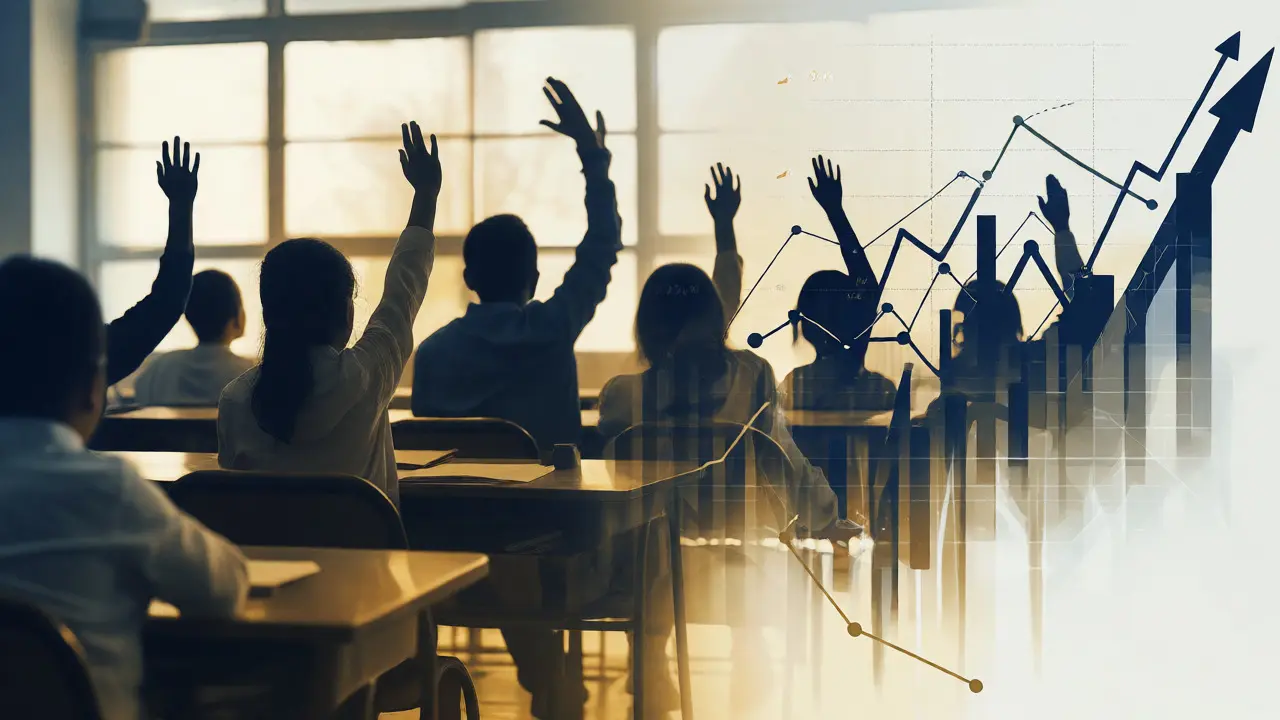 Double exposure of students and rising performance graphs symbolizing progress.