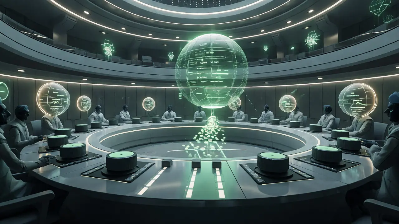 Futuristic council adjusting inflation dials for governance-driven tokenomics