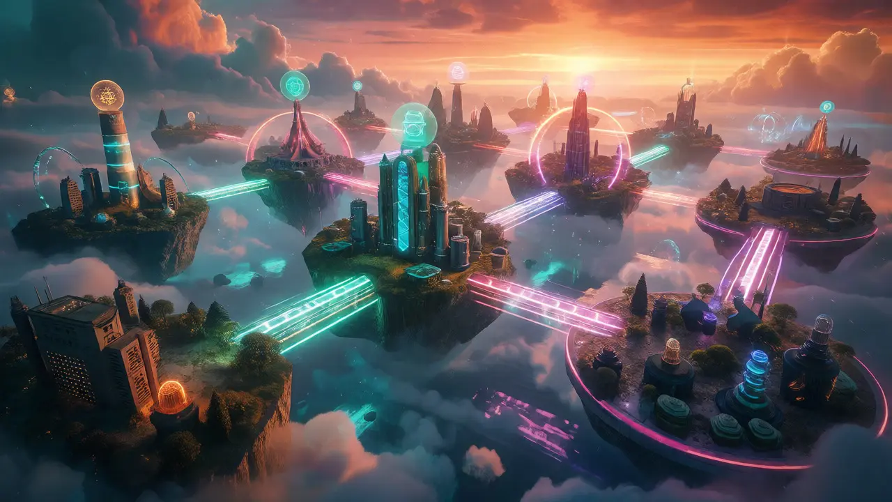 Futuristic islands connected by light bridges illustrating cross-chain DeFi networks.