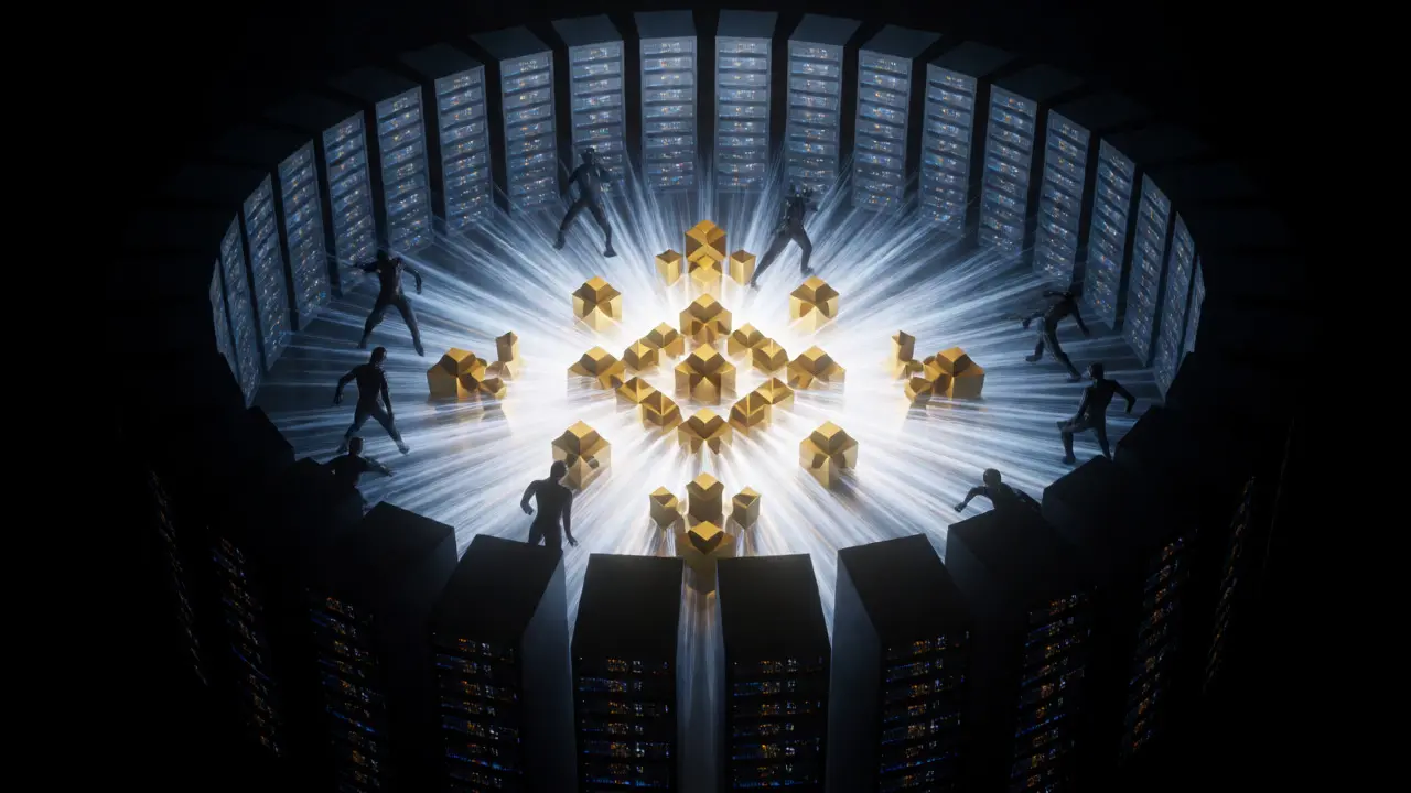 Glowing server racks forming a fortress against dark malicious figures in a digital void.