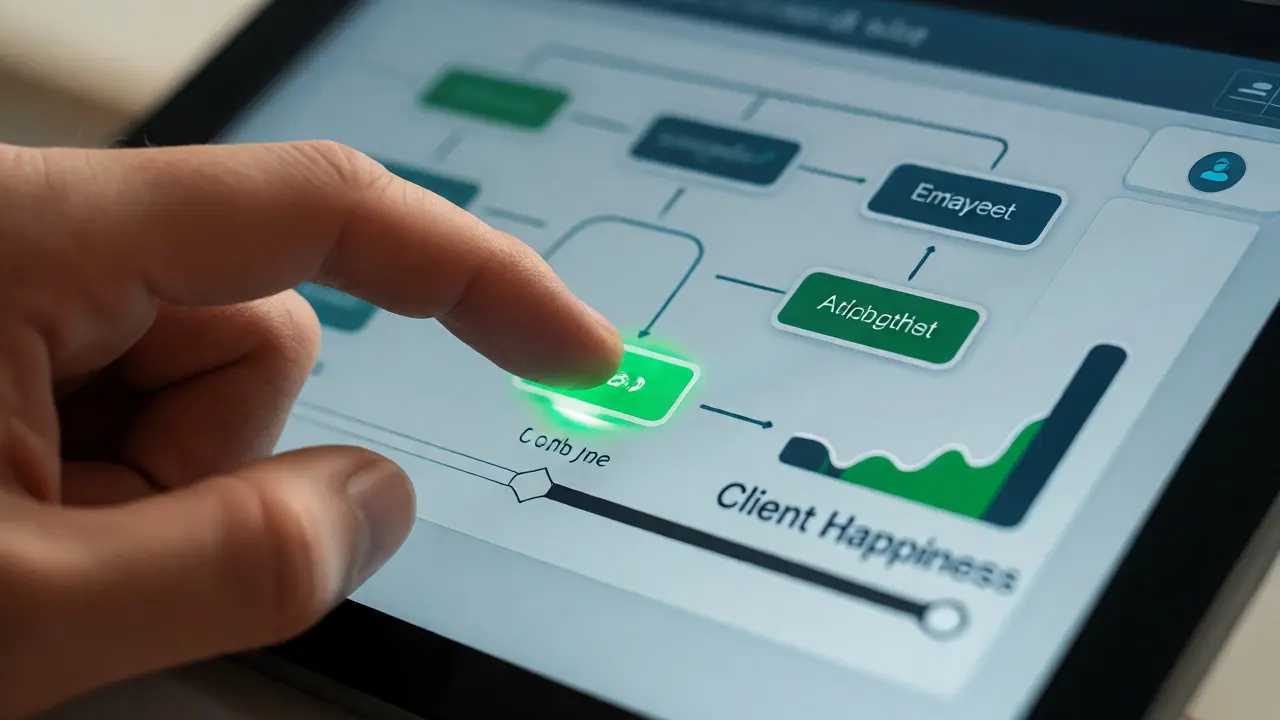 Hand selecting an option in an interactive sales training simulation