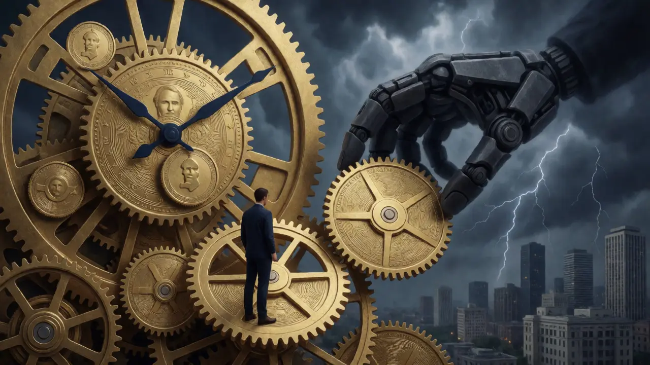 Human figure on coin gear watched by mechanical hand