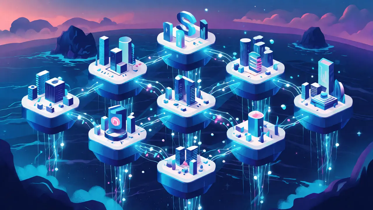Interconnected hexagonal platforms forming a seamless superchain network over an ocean.
