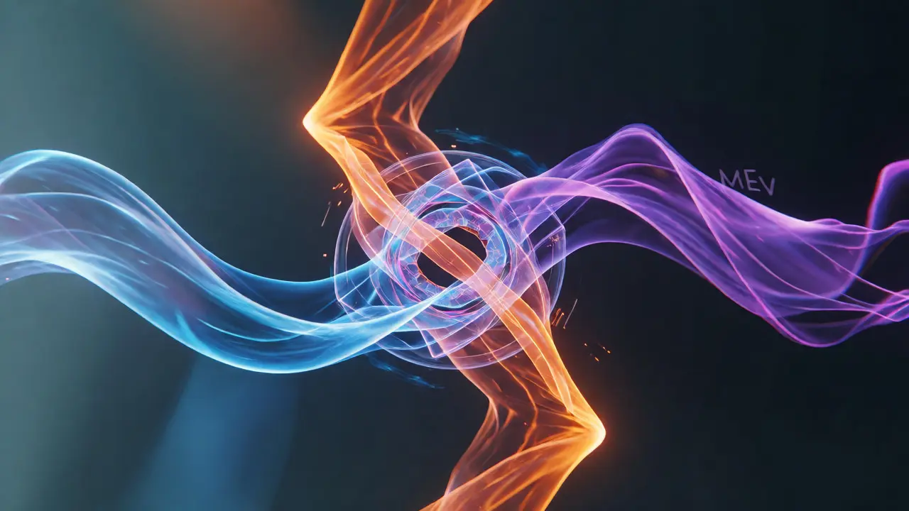 Intertwining colored ribbons representing volatile staking reward streams