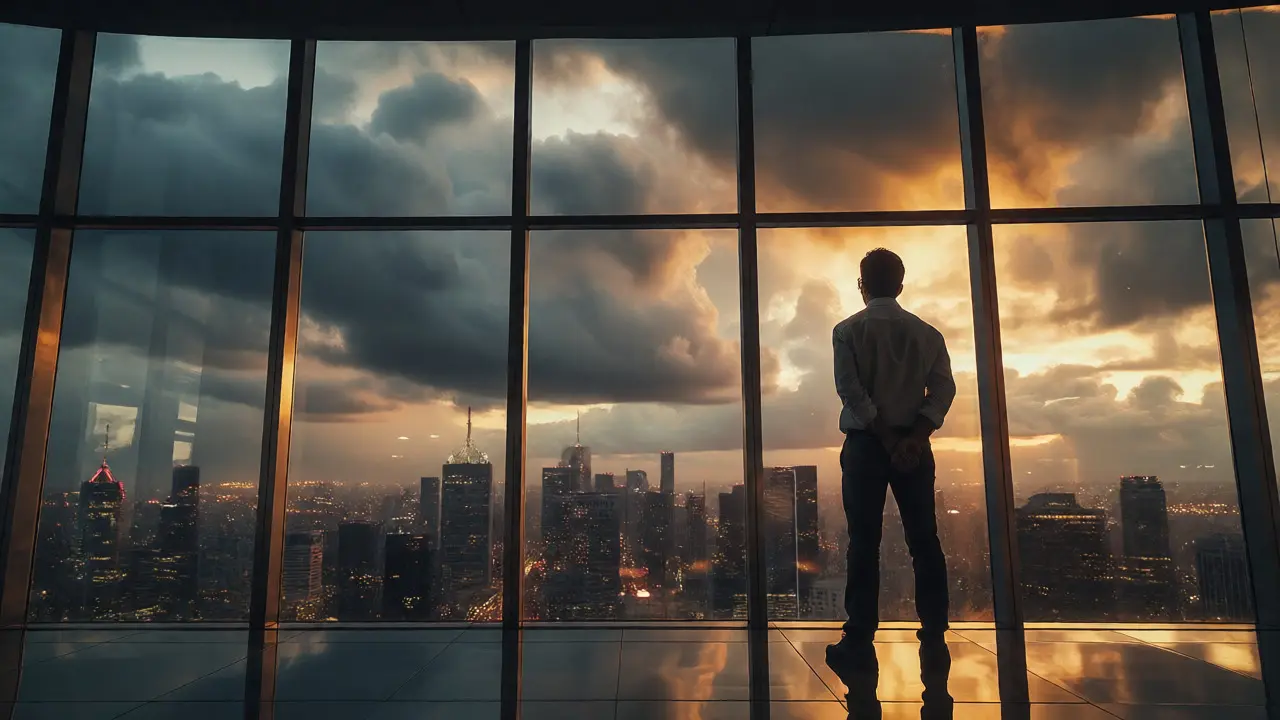Investor calmly watching a volatile city skyline at twilight.