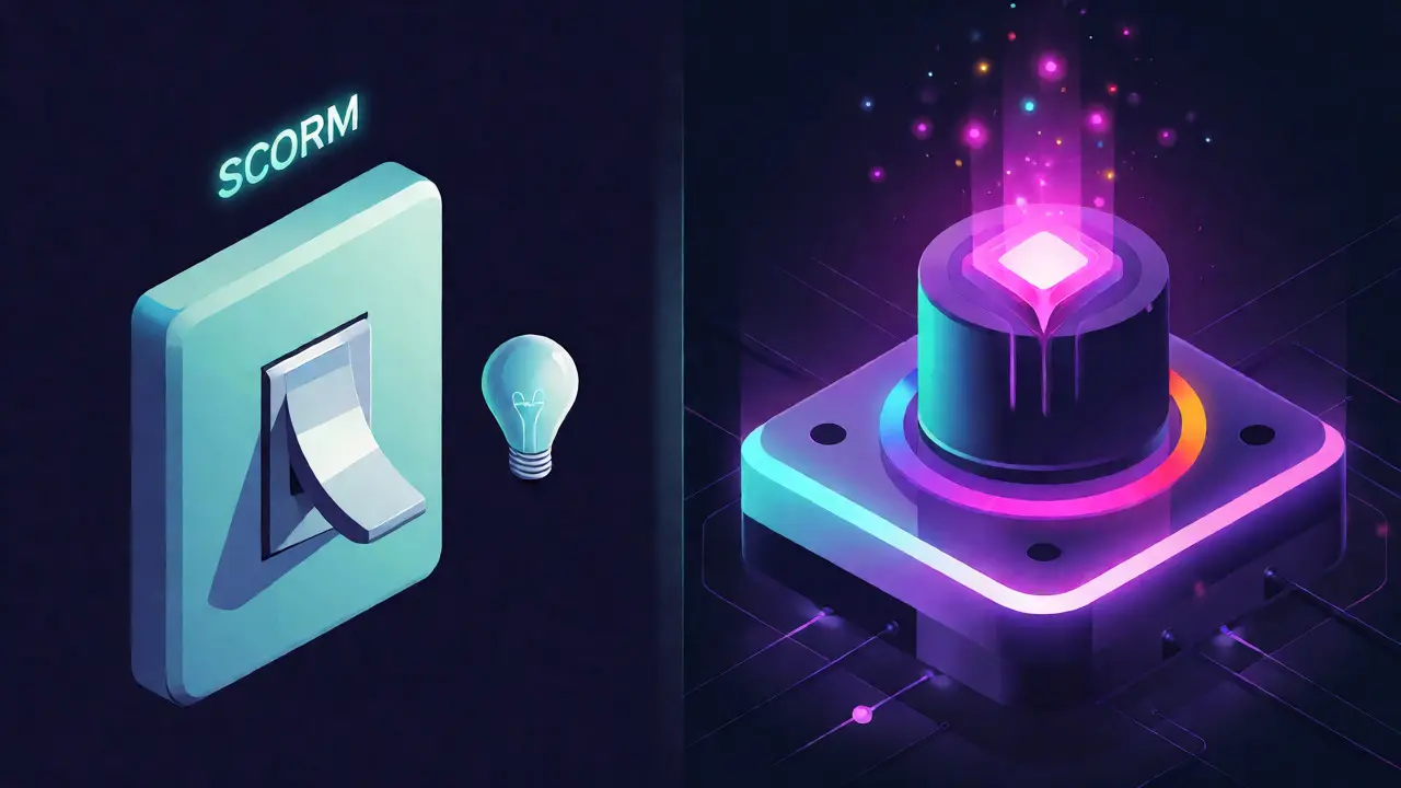 Isometric illustration comparing simple SCORM switches with complex xAPI systems