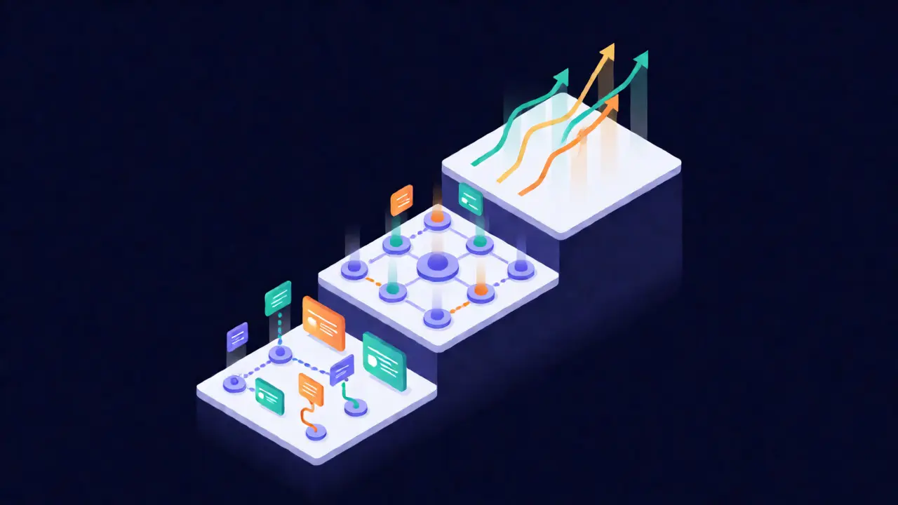 Isometric illustration of three-year business growth stages.