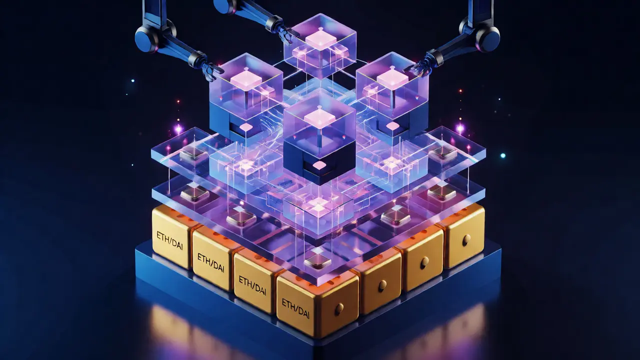 Isometric view of layered financial protocols stacking assets for yield generation.