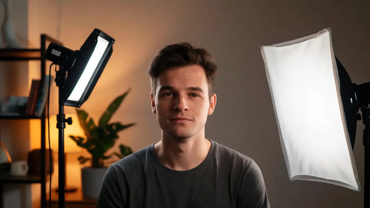 LED key light angled at 45 degrees illuminating a speaker with a reflective board.