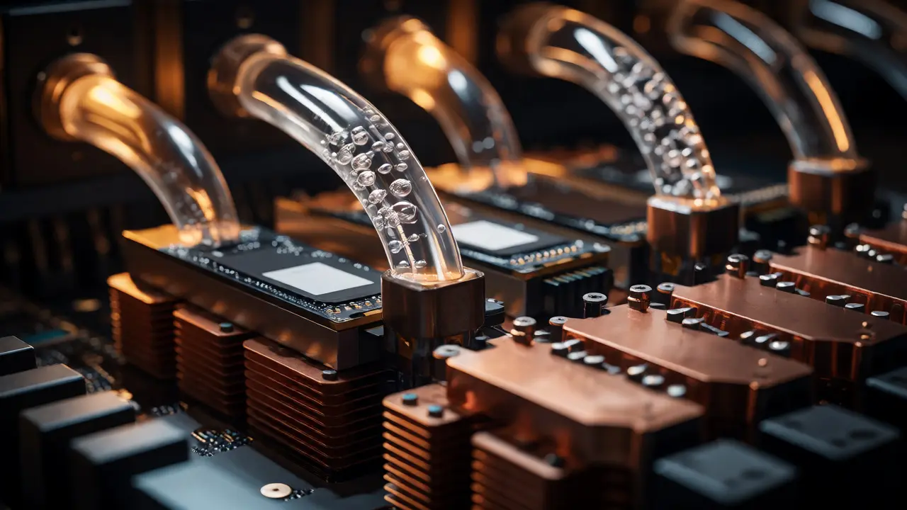 Macro shot of liquid cooling tubes connected to high-performance server components