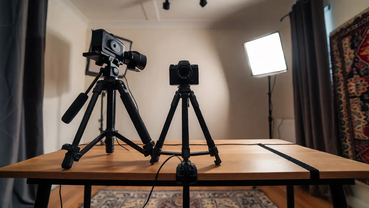Organized home studio setup with tripod, lights, and acoustic treatments on a desk.