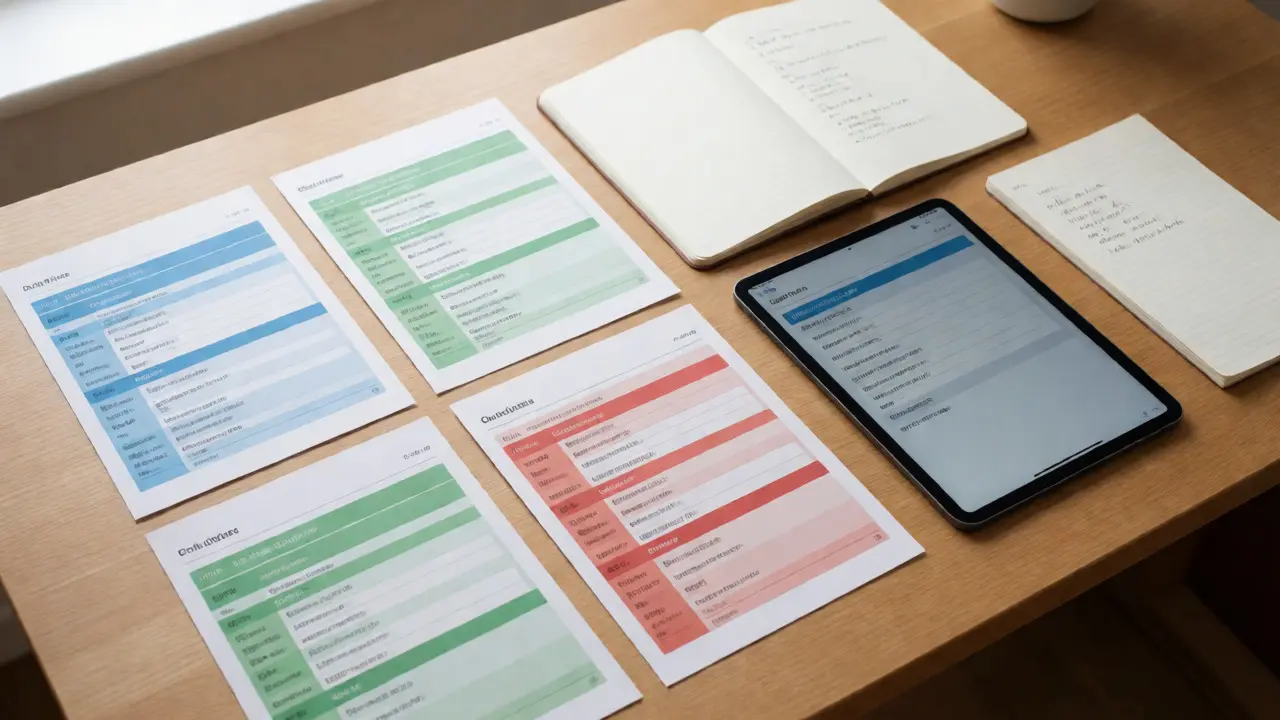 Organized workspace with color-coded study guides and tablet