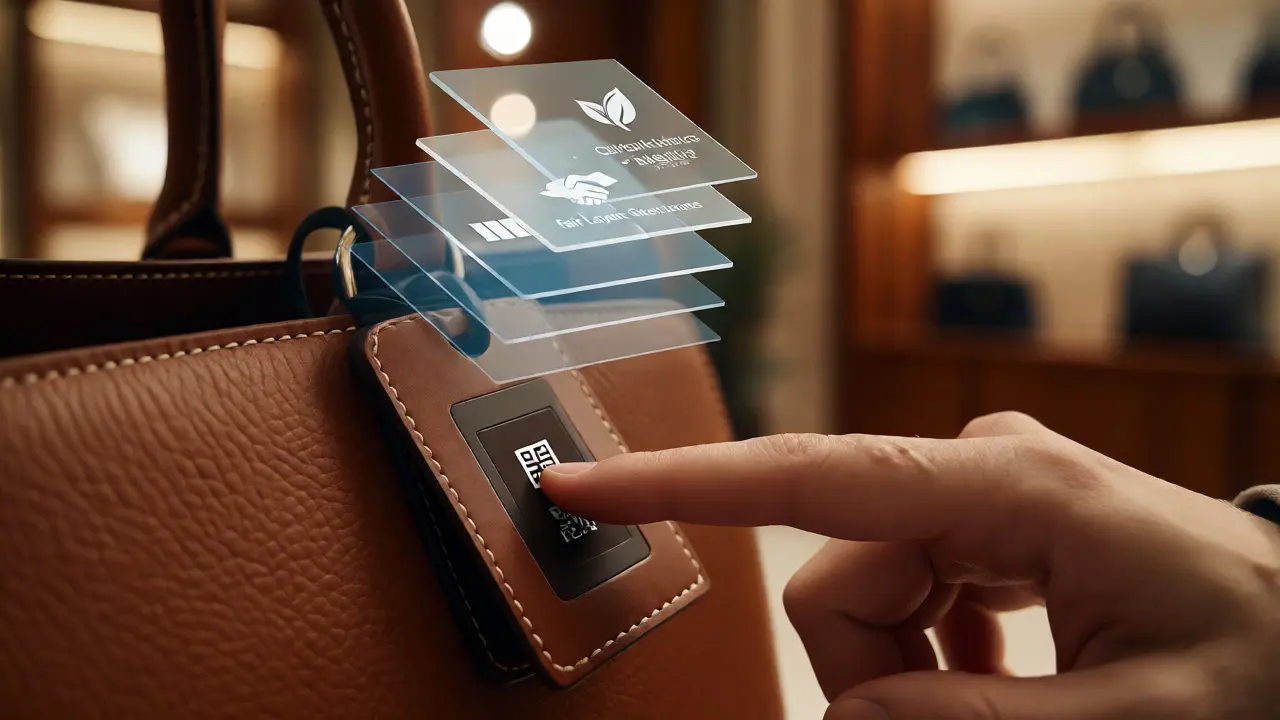 Scanning luxury bag tag reveals verifiable supply chain credentials