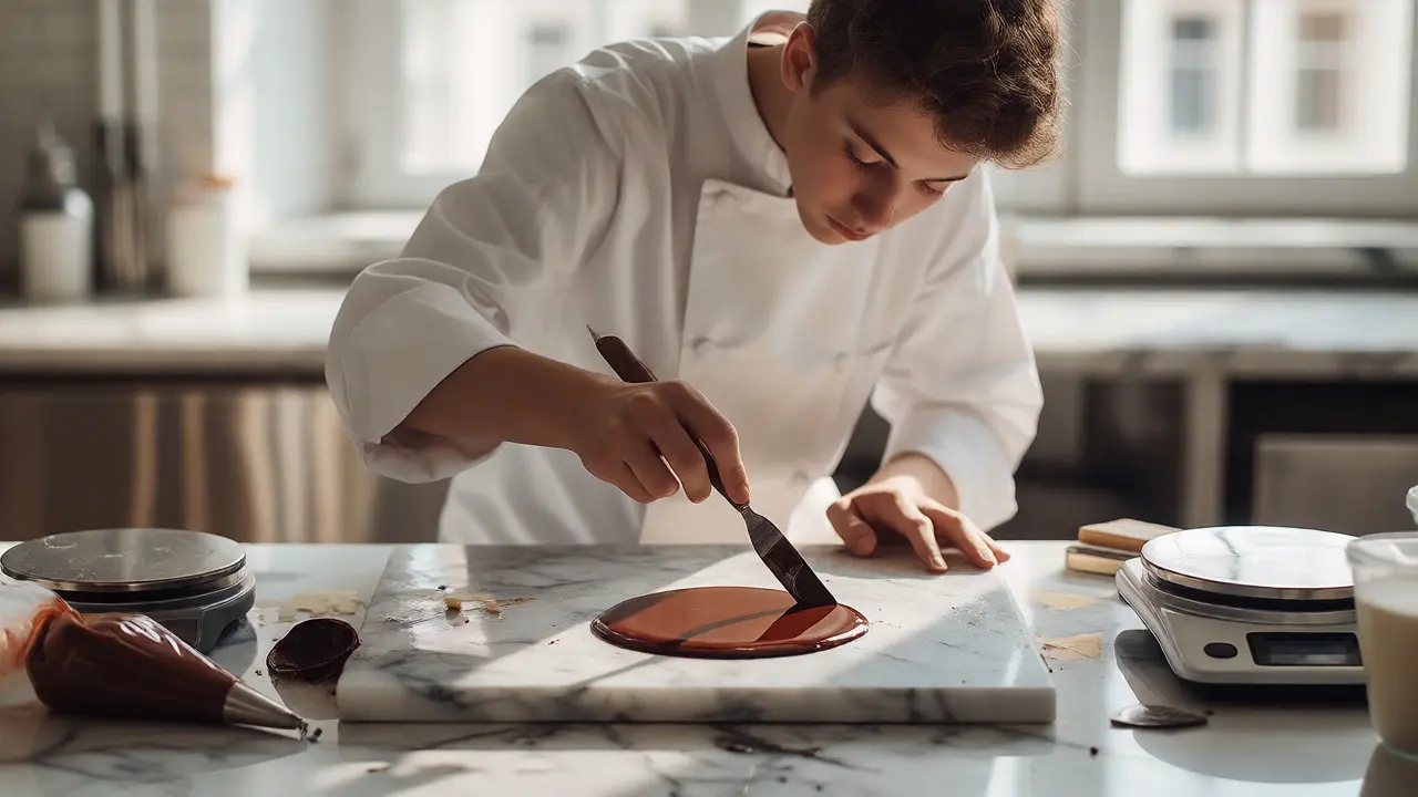 Student tempering chocolate on a marble slab in a bright pastry workshop