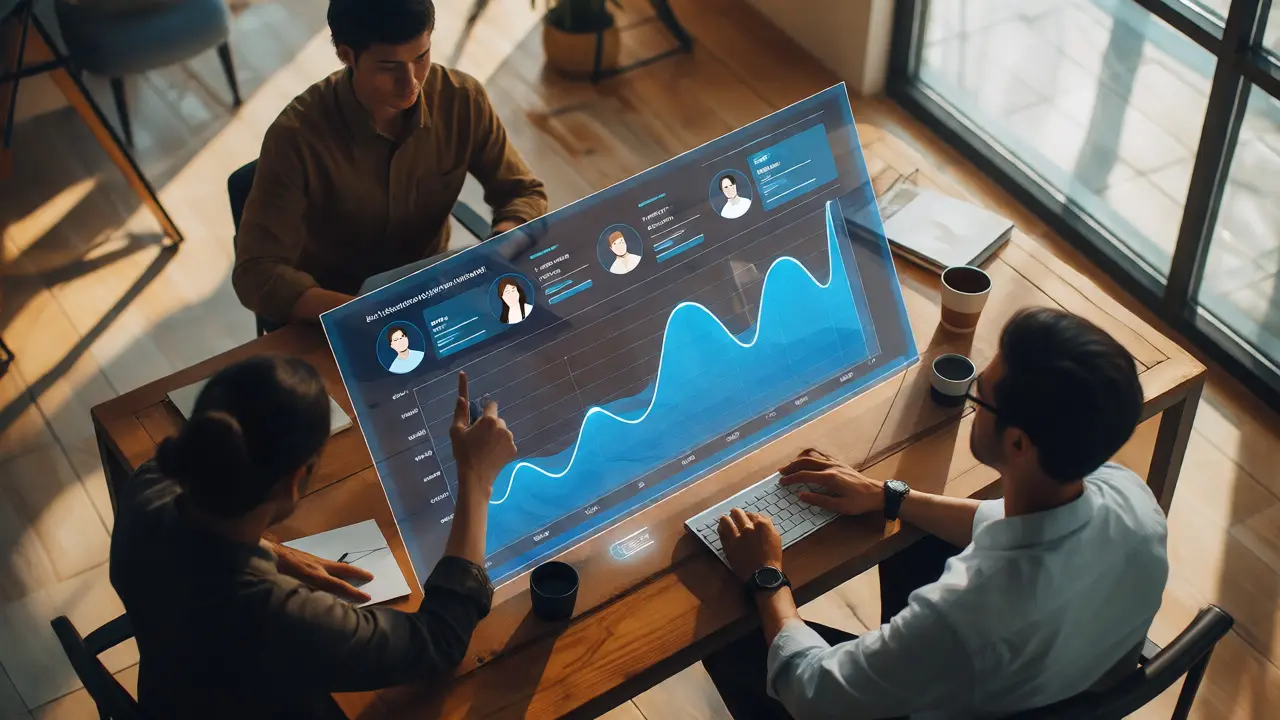 Team analyzing real-time holographic business intelligence dashboards