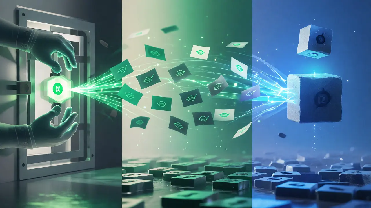 Three-stage visual of locking funds, rapid off-chain updates, and final on-chain settlement.