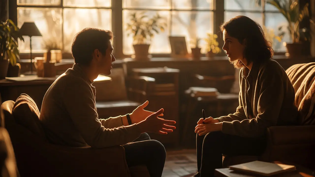 A coach and learner having a supportive conversation in a sunny room.