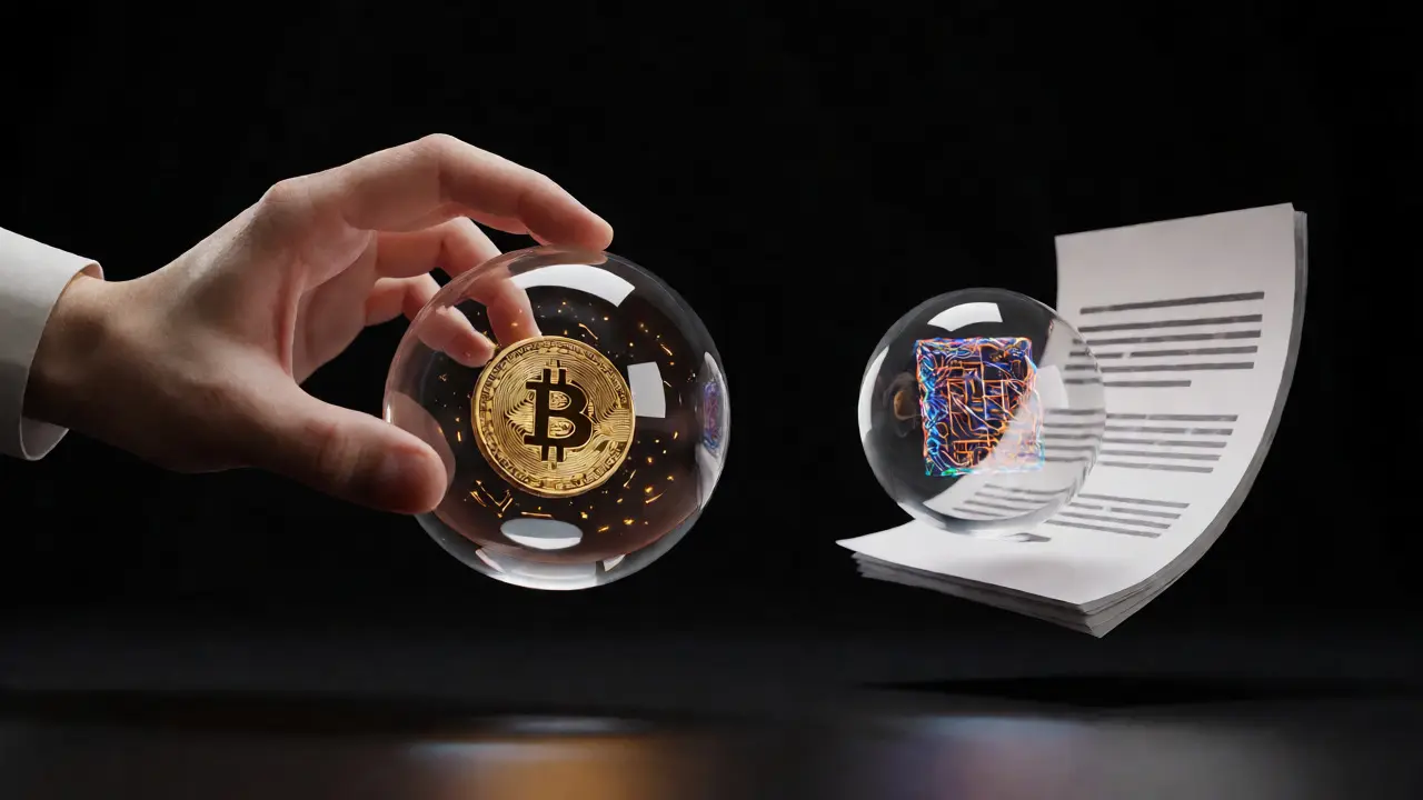 A hand grasping a golden crypto sphere while ignoring floating paper documents, illustrating control over filing.