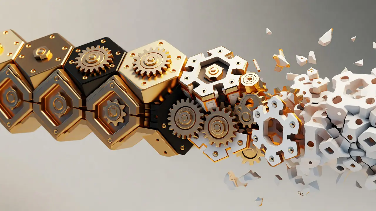 Abstract 3D render of blockchain blocks showing compatibility and structural fractures