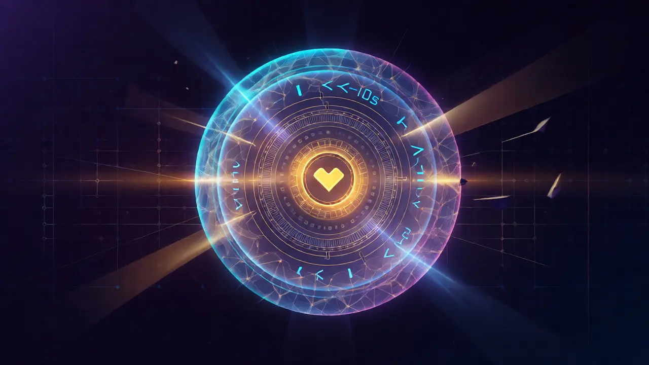 Abstract digital shield with three protective layers guarding a central core.