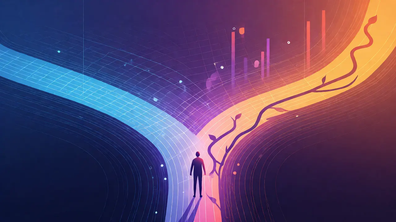 Abstract illustration of two different learning paths converging towards success.