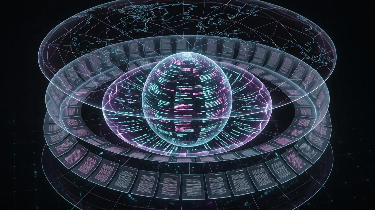 Abstract layered spheres representing a multi-entity legal wrapper protecting a DAO core.