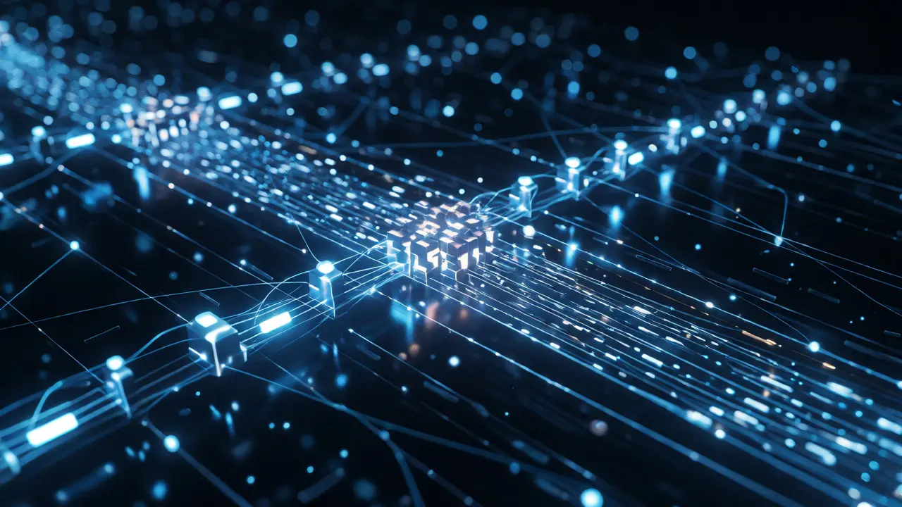Abstract visualization of compact block data packets moving swiftly through a global network.