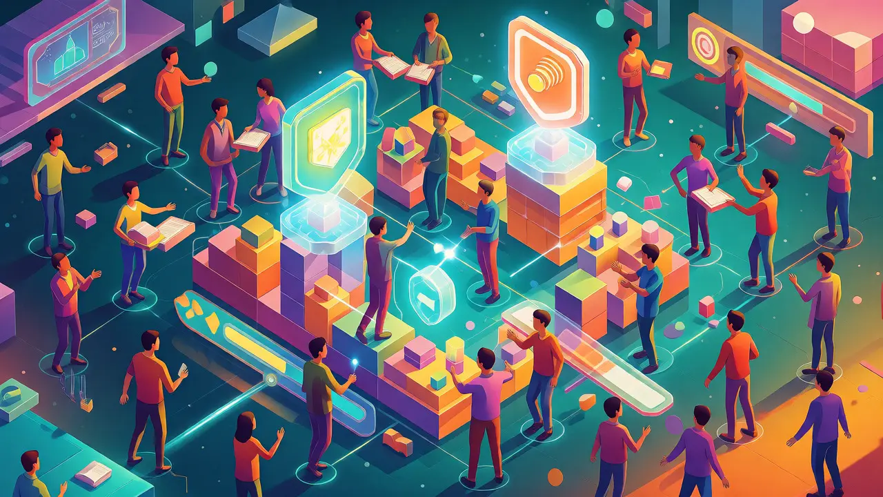 Avatars connecting in a vibrant digital network, illustrating collaborative gamification mechanics.