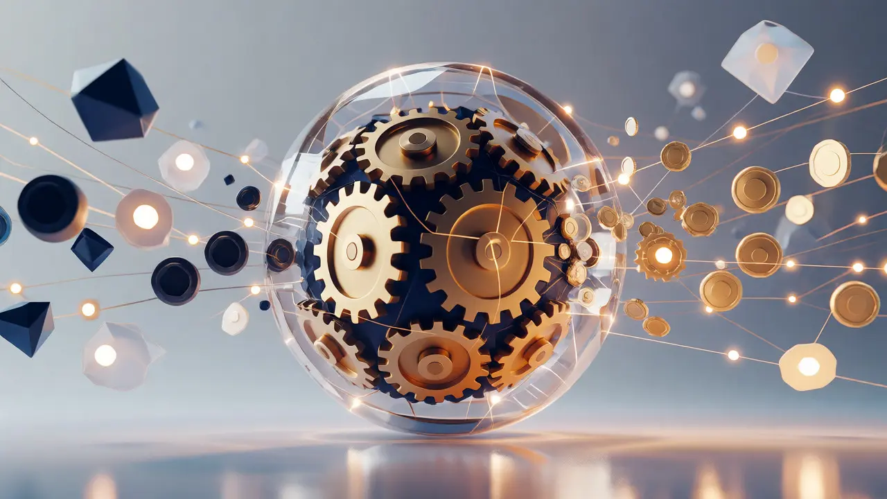 Conceptual 3D render of token buyback and burn mechanism inside a network sphere